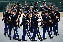 The team performing in a Joint Service Drill Exhibition during the National Cherry Blossom Festival at the Jefferson Memorial.