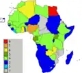 Members of the African Group colour-coded for the number of years each spent on the Security Council as of 2010