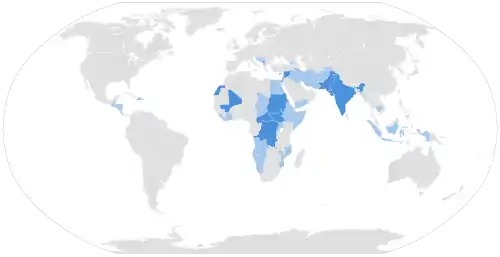 A world map of countries, with certain countries colored dark blue for ongoing UN peacekeeping missions, and light blue for completed missions. Refer to the article's tables for more information.