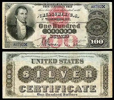 Series 1878 $100 silver certificate The first $100 silver certificate was issued with a portrait of James Monroe on the left side of the obverse.