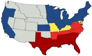 1861 Map of U.S. states and territories showing two phases of secession