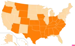 States in the United States by Evangelical Protestant population according to the Pew Research Center 2014 Religious Landscape Survey. States with Evangelical Protestant populations greater than the United States as a whole are in full orange.