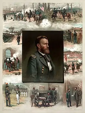 Colored print of portrait of Grant surrounded by scenes from his military career