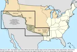 Map of the change to the United States in central North America on February 22, 1821