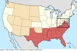 Map of the change to the United States in central North America on August 5, 1863