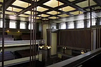 Interior of Unity Temple by Frank Lloyd Wright, Oak Park, Illinois (1905–1908)