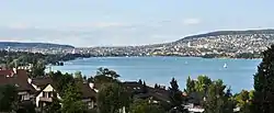 Lake Zürich's lower lake basin, looking north from Wollishofen towards the inner city of Zürich (August 2011)