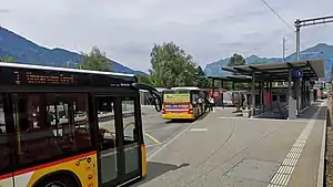 Buses parked next to side platform with shelter