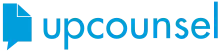 The top part of the image contains a folded document bubble in blue. The bottom part of the image contains the word "upcounsel" in blue.