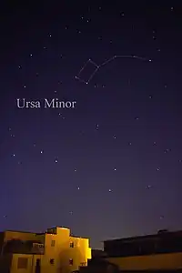 Polaris is the brightest star in the constellation of Ursa Minor (upper right).