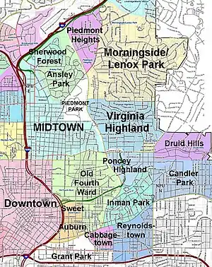 Virginia Highland location relative to downtown Atlanta