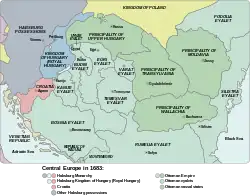 Ottoman rule on Hungary at its peak in 1683, including the principalities of Upper Hungary and Transylvania, and the Kanije, Budin, Uyvar, Egri, Temesvar and Varat eyalets.