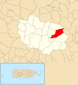 Location of Vegas Abajo barrio within the municipality of Adjuntas shown in red