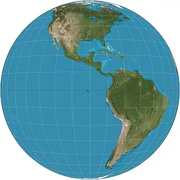 Image 4General Perspective projectionMap: Strebe, using GeocartThe General Perspective projection is a map projection used in cartography in which the Earth is depicted as viewed from a finite distance above its surface. If the view precisely faces the center of the Earth, the projection is a vertical perspective projection; otherwise, it is a tilted perspective projection. Here is shown a vertical perspective from an altitude of 35,786 km over (0°, 90°W), corresponding to a view from geostationary orbit. Due to the horizon as seen from the viewpoint position, the projection always shows less than half of the Earth's surface: in this case neither of the North and South Poles is visible.More selected pictures