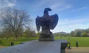 View from the mansion over the estate, over stone eagle finial to balustrade