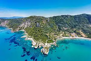 Agios Gordios Viewpoint and above it "Αερόστατο" (the "balloon" viewpoint) and Aspes