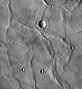 Wrinkle ridges in Hesperia Planum, Mars, as seen by Viking. The wrinkle ridges trend in different directions, so compressional forces may have changed direction over time.