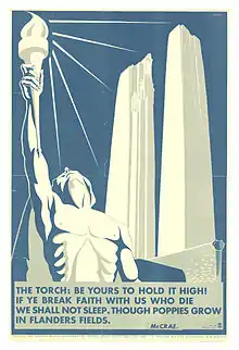 A white skeleton body holds alight a torch and the background the two white pillars of the Vimy memorial are displayed. the entire poster is displayed in white with a background of blue.