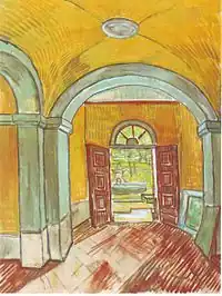 Entrance Hall of Saint-Paul Hospital, Black chalk, brush and thinned oil on pink paper,1889Van Gogh Museum, Amsterdam (F1530)