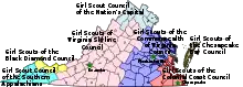 Map of Virginia with counties showing the different Girl Scout Councils