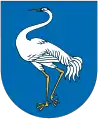 A coat of arms depicting a grey bird with a long, twisting neck, a yellow, pointy beak, and long yellow legs all on a dark blue background