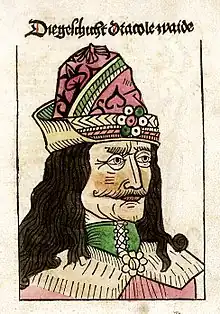 A woodcut depicting Vlad on the title page of a German pamphlet about him, published in Nuremberg in 1488