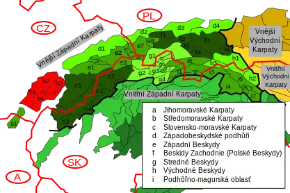 Moravian Carpathians (marked in red) within the Outer Western Carpathian