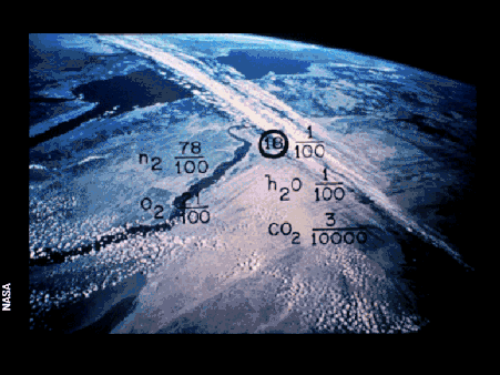 This is a photograph of Egypt, Red Sea, Sinai Peninsula and the Nile from Earth orbit annotated with chemical composition of Earth's atmosphere.