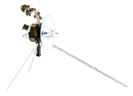 Model of the Voyager spacecraft, a small-bodied spacecraft with a large, central dish and many arms and antennas extending from it