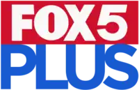 In a red box, the Fox 5 logo horizontally in white, with a blue lettering "PLUS", tightly kerned, below and outside of the box.