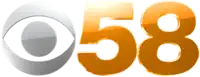 In gray, the CBS Eyemark appears, and to its right in orange, the number "58" appears in heavily bold Helvetica, with the entire logo rendered in a gloss.