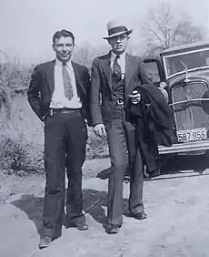 Barrow, Parker and Jones paused on a disused road to take pictures of themselves in the late winter or early spring of 1933.