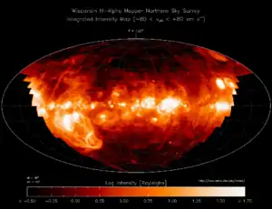 Image 24The distribution of ionized hydrogen (known by astronomers as H II from old spectroscopic terminology) in the parts of the Galactic interstellar medium visible from the Earth's northern hemisphere as observed with the Wisconsin Hα Mapper (Haffner et al. 2003) harv error: no target: CITEREFHaffnerReynoldsTufteMadsen2003 (help). (from Interstellar medium)