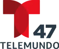 The Telemundo network logo, a T with two circular overlapping components. To the right and under the T, the number 47. Beneath it, in a sans serif, the word Telemundo.