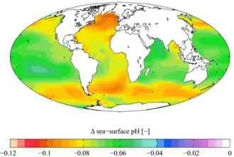 World map showing the varying change to pH across different parts of different oceans