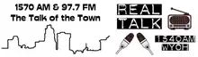 WYOH's logo: 1570 AM & 97.7 FM, The Talk of the Town with a city skyline, radio, and microphones