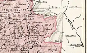 The Wa States in an Imperial Gazetteer of India map. Note the border with China marked with a discontinuous darker pink line —unlike Kengtung State to the south and North Hsenwi to the north.