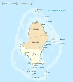 Map of Wallis Island showing the 3 districts:Mua is located in the South