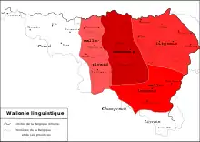 Area of the Walloon language (the most important one): the white-coloured areas are those of the Picard language, Lorrain language, and Champenois. Some old smaller current Germanic areas.