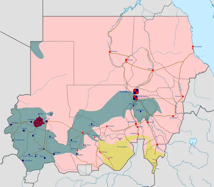 A map of Sudan, showing the RSF dominant in the west of the country, the SAF dominant in the east, and the centre split between both sides.