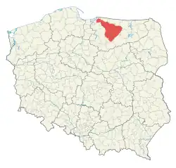 Location of Warmia (shown in red) on the map of Poland