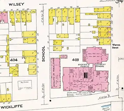 Warren Street School from c. 1908 map, showing floor plan and rooms