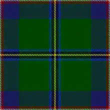 A green square cut into equal quarters by yellow, black, and blue "stitched" lines. Red and white stitches outline the entire square, and patches of blue and green fill the inner quadrants.