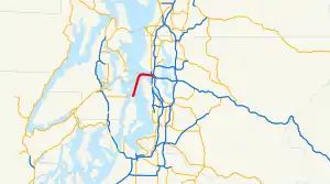 A red line indicates the path the ferry takes through Puget Sound (indicated in blue)