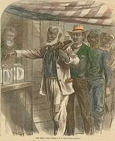 African Americans vote for the first time, as depicted in 1867 on the cover of Harper's magazine. Engraving by Alfred R. Waud (1867)