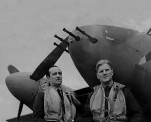 Braham (right) with his long-serving radio and radar operator Wing Commander Bill "Sticks" Gregory, 1943. Gregory survived the war and died in 2001