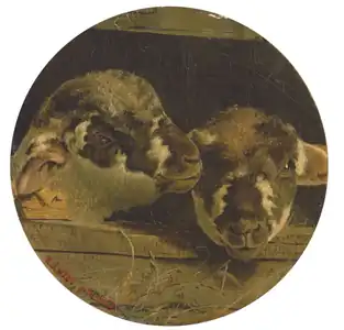 Two lambs in a barn, signed and dated 'W. J. Webb April 1853' (lower left), oil on board