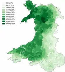 Graphic showing the proportion of Welsh speakers throughout Wales in 2011