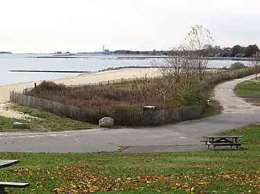 Beach at Sherwood Island State Park with Manresa Island in the distance