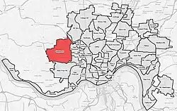 Westwood (red) within Cincinnati, Ohio.